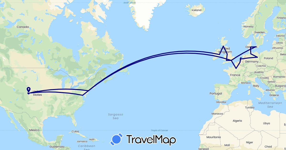 TravelMap itinerary: driving in Belgium, Germany, Denmark, France, United Kingdom, Ireland, Netherlands, United States (Europe, North America)